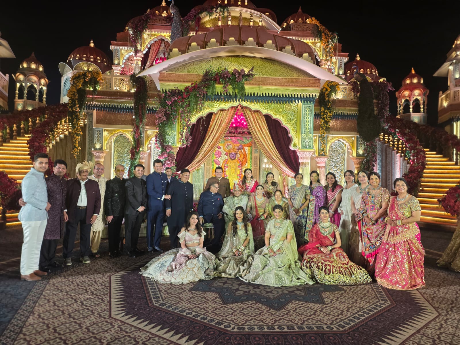 A multi-generational family gathering at a wedding venue